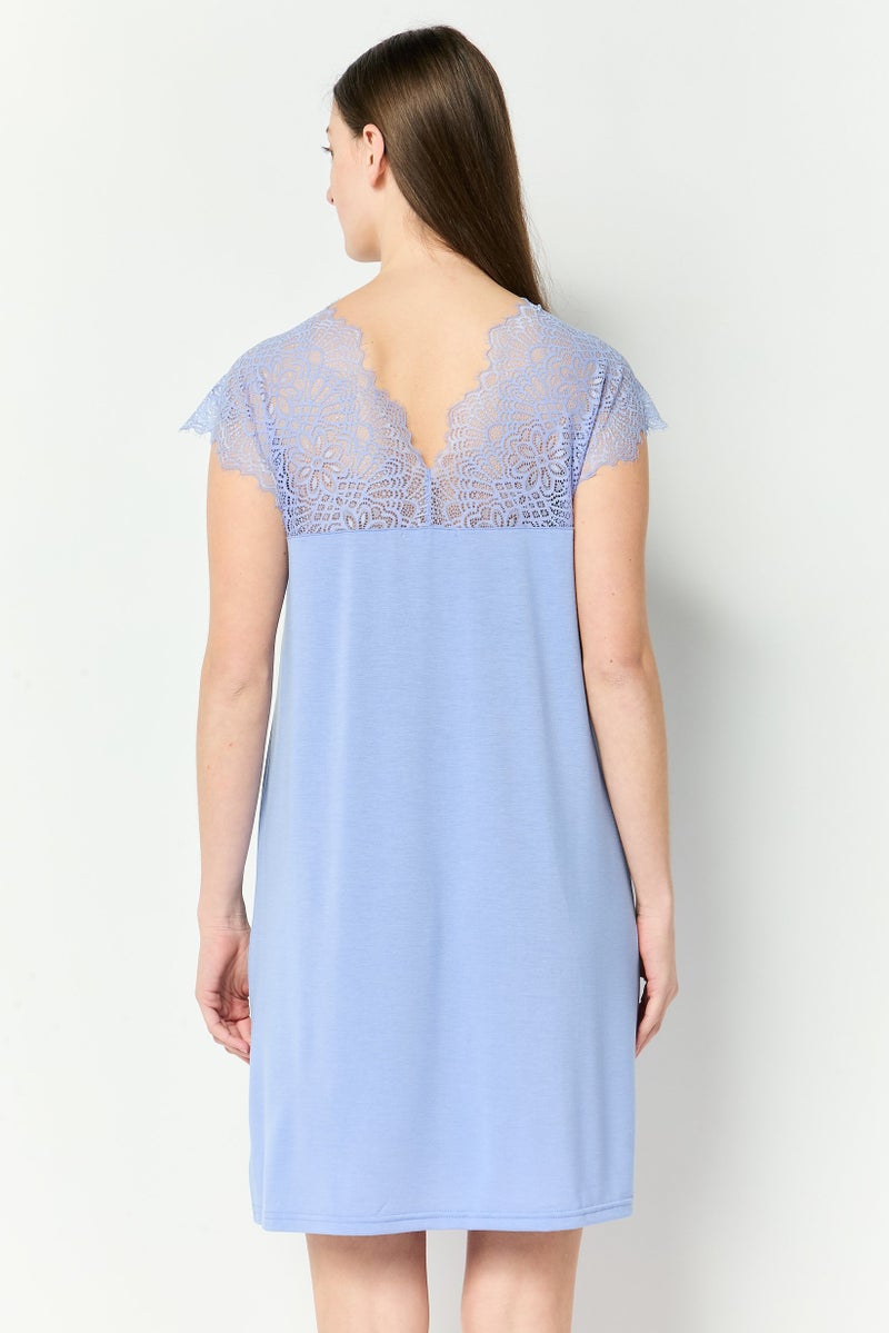 FOREVER 21 Women Lace Detail Sleepwear Dress, Blue - Image 4