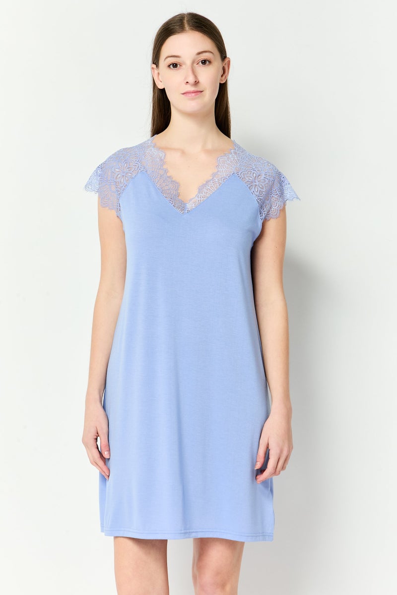FOREVER 21 Women Lace Detail Sleepwear Dress, Blue - Image 1