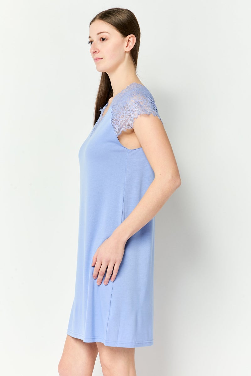 FOREVER 21 Women Lace Detail Sleepwear Dress, Blue - Image 3