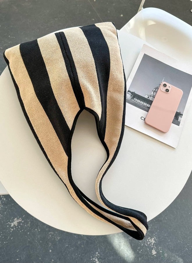 ENBEI The tote bags for women aesthetic Shoulder HandbagsShoulder Shopping Bag crocheted Bags large large tote Bag cute, Black Khaki Stripes - Image 3