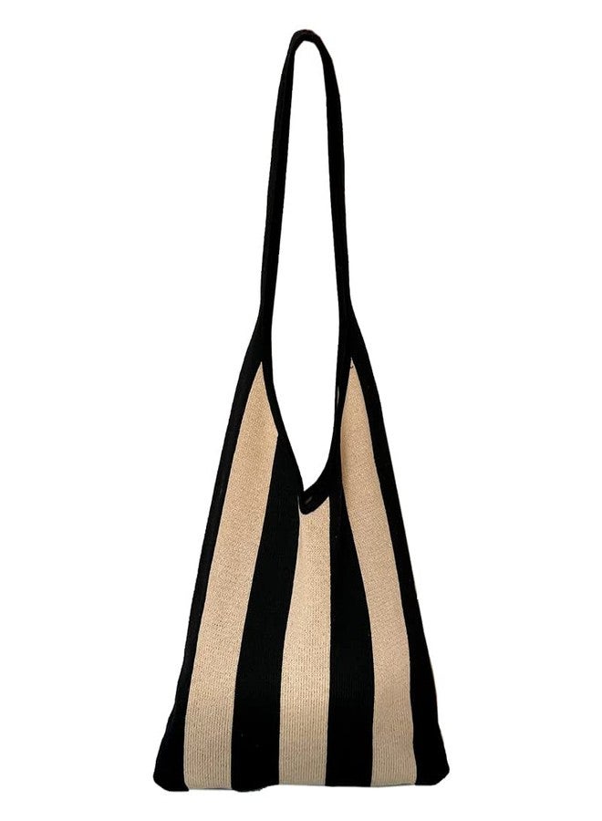 ENBEI The tote bags for women aesthetic Shoulder HandbagsShoulder Shopping Bag crocheted Bags large large tote Bag cute, Black Khaki Stripes - Image 1