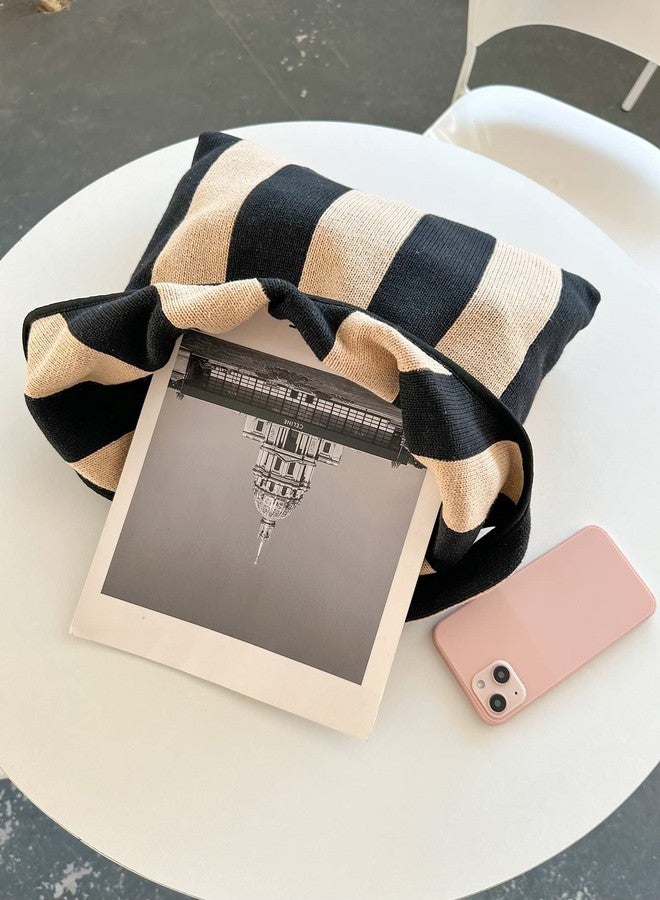 ENBEI The tote bags for women aesthetic Shoulder HandbagsShoulder Shopping Bag crocheted Bags large large tote Bag cute, Black Khaki Stripes - Image 5