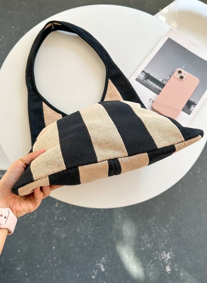 ENBEI The tote bags for women aesthetic Shoulder HandbagsShoulder Shopping Bag crocheted Bags large large tote Bag cute, Black Khaki Stripes - Image 2