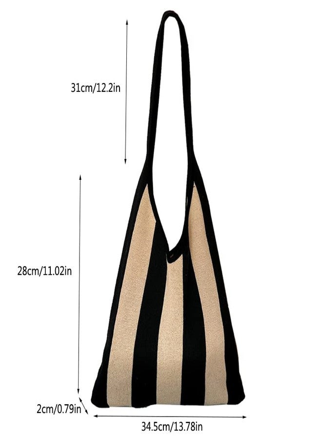 ENBEI The tote bags for women aesthetic Shoulder HandbagsShoulder Shopping Bag crocheted Bags large large tote Bag cute, Black Khaki Stripes - Image 4