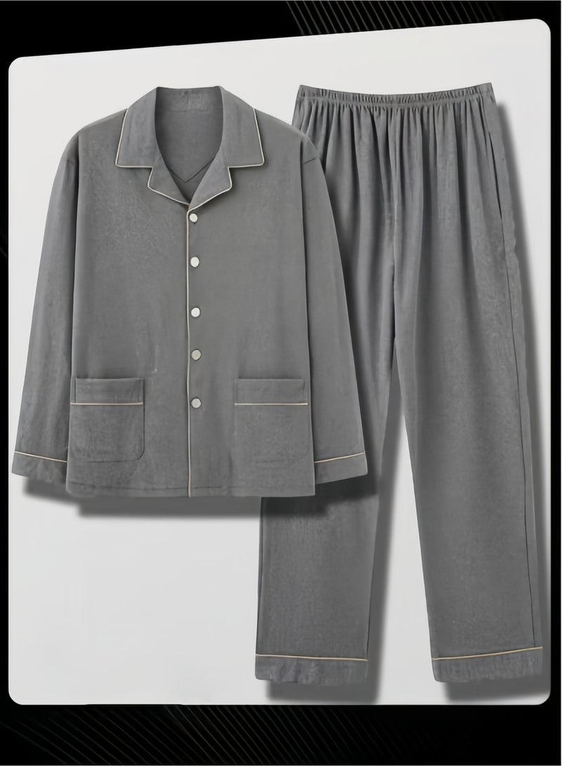 Men's Cozy Cotton Pajama Set with Long-sleeved Cardigan for Warmth in Grey, Perfect for Spring, Autumn, and Winter - Image 2
