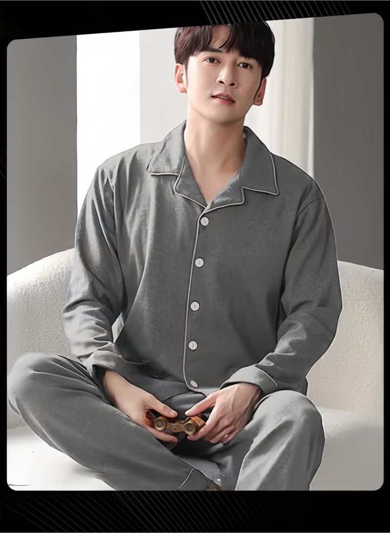 Men's Cozy Cotton Pajama Set with Long-sleeved Cardigan for Warmth in Grey, Perfect for Spring, Autumn, and Winter - Image 1