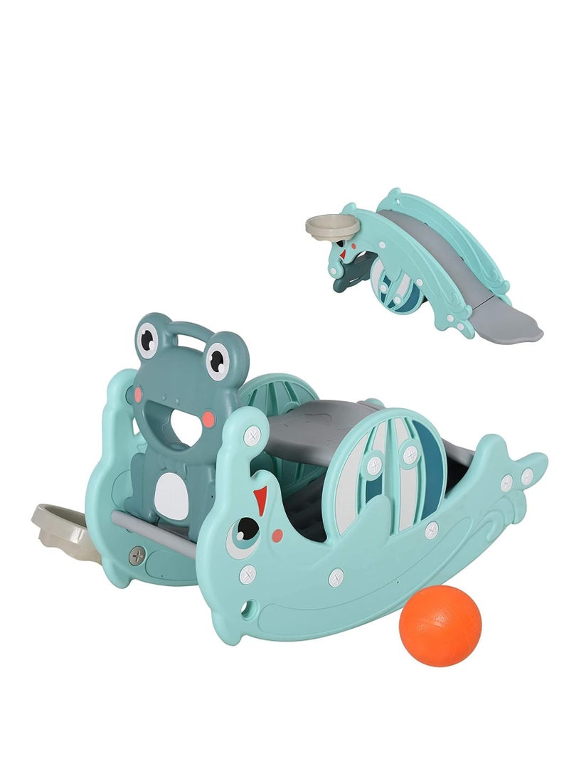 فول جوي لعبة حصان هزاز بتصميم ضفدع بلون اخضر مع زحليقة تصميم دولفين 3 في 1 مع حلقة كرة سلة FJY-35 - Image 1