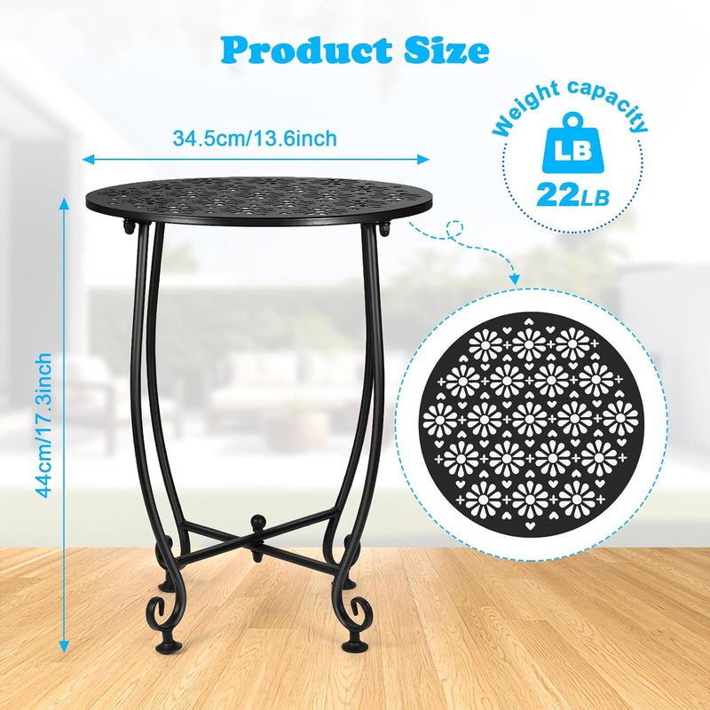 DARCKLE 14 Inch Outdoor Metal Side Table, Patio Side Table Weather Resistant Metal Side Table, Small Round Outdoor End Table Plant Stands Table Outside for Patio Yard Balcony Garden Black(Color4-Flowers) - Image 3