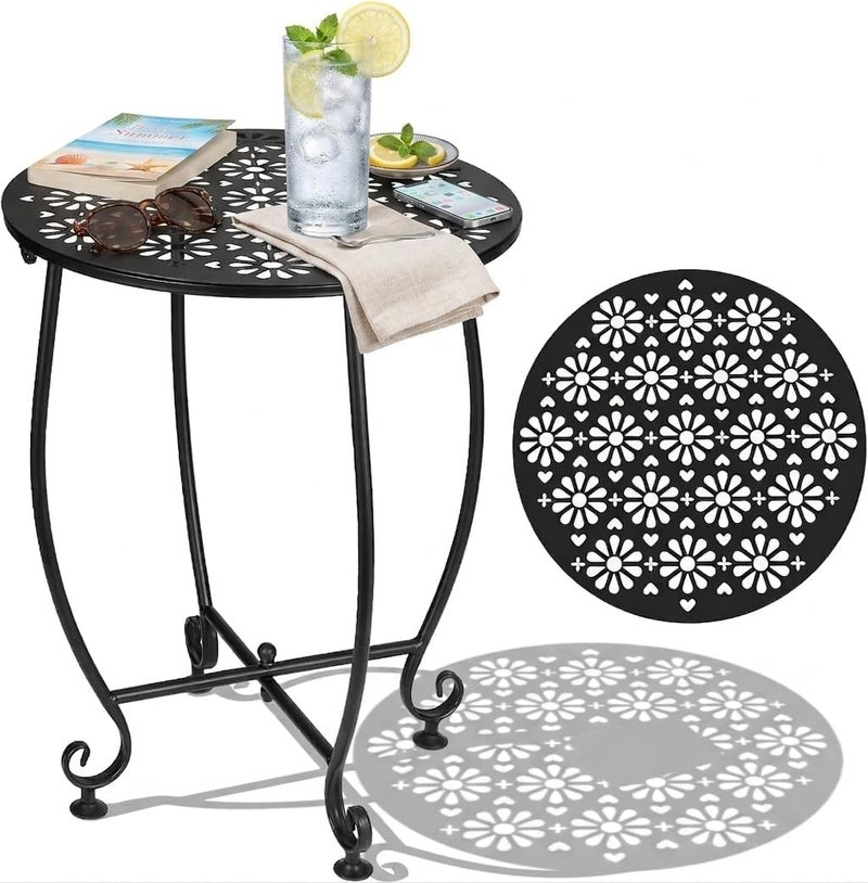 DARCKLE 14 Inch Outdoor Metal Side Table, Patio Side Table Weather Resistant Metal Side Table, Small Round Outdoor End Table Plant Stands Table Outside for Patio Yard Balcony Garden Black(Color4-Flowers) - Image 1
