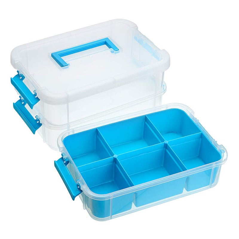 Juxyes 3-Tiers Stack Carry Storage Box With Divided Tray  Transparent Stackable Storage Bin With Handle Lid Latching Storage Container For School & Office Supplies (Blue) - Image 3