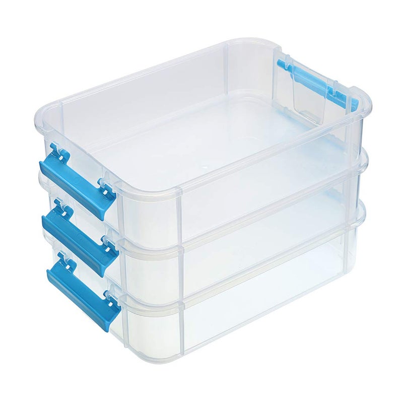 Juxyes 3-Tiers Stack Carry Storage Box With Divided Tray  Transparent Stackable Storage Bin With Handle Lid Latching Storage Container For School & Office Supplies (Blue) - Image 5