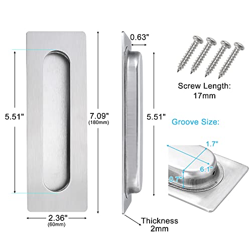 Malimali 7 Inch Large Recessed Finger Flush Pulls for Barn and Pocket Doors, Heavy Duty Sliding Closet Handle, Brushed Stainless Steel Rectangular Hardware (2 Pack) - Image 2