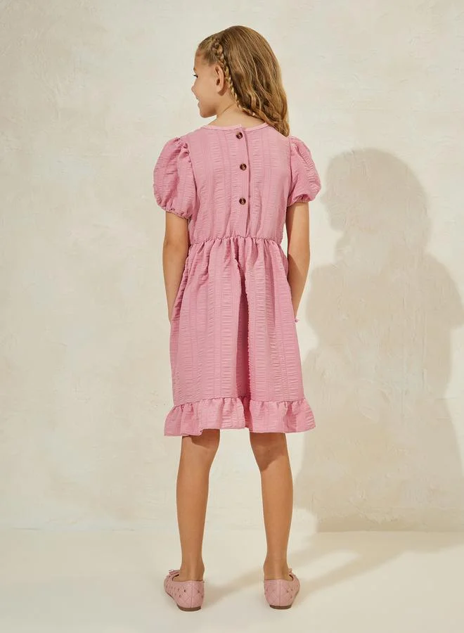 ستايلي Ruffle Trim Bow Front Dress with Puff Sleeve