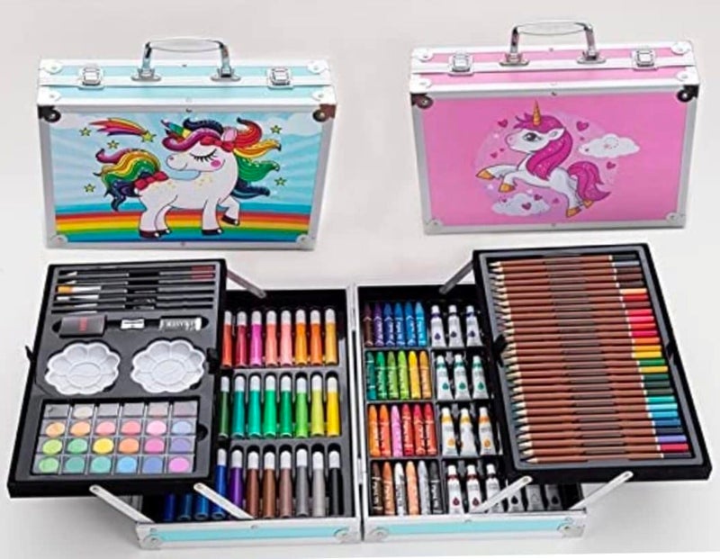chrome حقيبة ملونة كروم 145 مجموعة قرطاسية يونيكورن للفتيات، هدية عيد الميلاد، هدية عيد الميلاد للفتيات، حقيبة ملونة بمقبض ومجموعة فنون وحرف ملونة احترافية 145 (يونيكورن) - Image 1