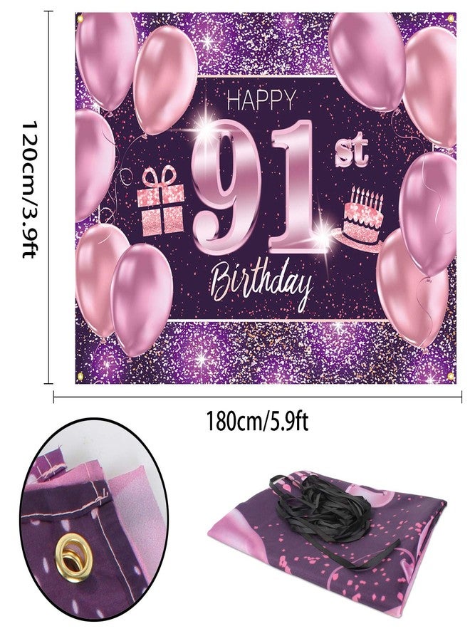 PAKBOOM Happy 91st Birthday Banner Backdrop - 91 Birthday Party Decorations Supplies for Women - Pink Purple Gold 4 x 6ft - Image 2