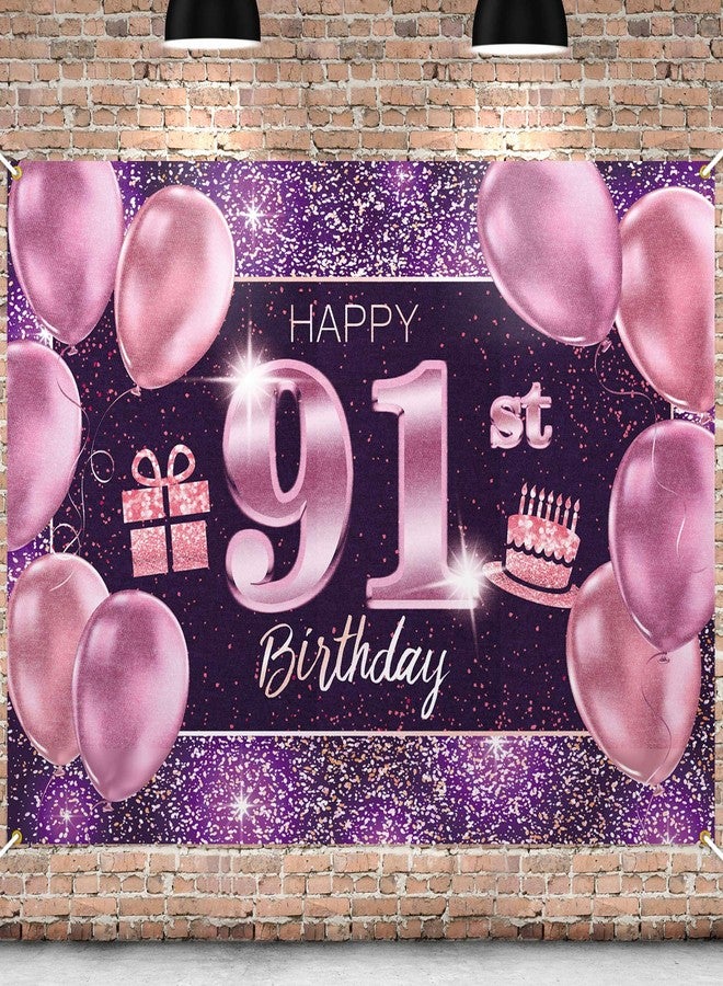 PAKBOOM Happy 91st Birthday Banner Backdrop - 91 Birthday Party Decorations Supplies for Women - Pink Purple Gold 4 x 6ft - Image 1