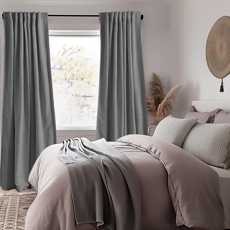 INOVADAY 100% Blackout Curtains for Bedroom  Thermal Insulated Linen Blackout Curtains 90 Inch Length 2 Panels Set  Back Tab/Rod Pocket Room Darkening Curtains for Nursery - Dark Grey  W50 X L90 - Image 2