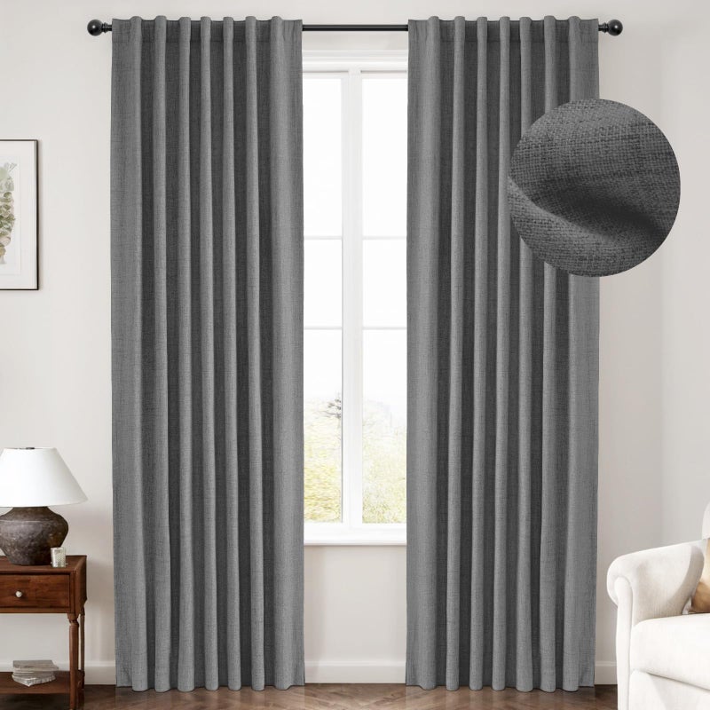 INOVADAY 100% Blackout Curtains for Bedroom  Thermal Insulated Linen Blackout Curtains 90 Inch Length 2 Panels Set  Back Tab/Rod Pocket Room Darkening Curtains for Nursery - Dark Grey  W50 X L90 - Image 1
