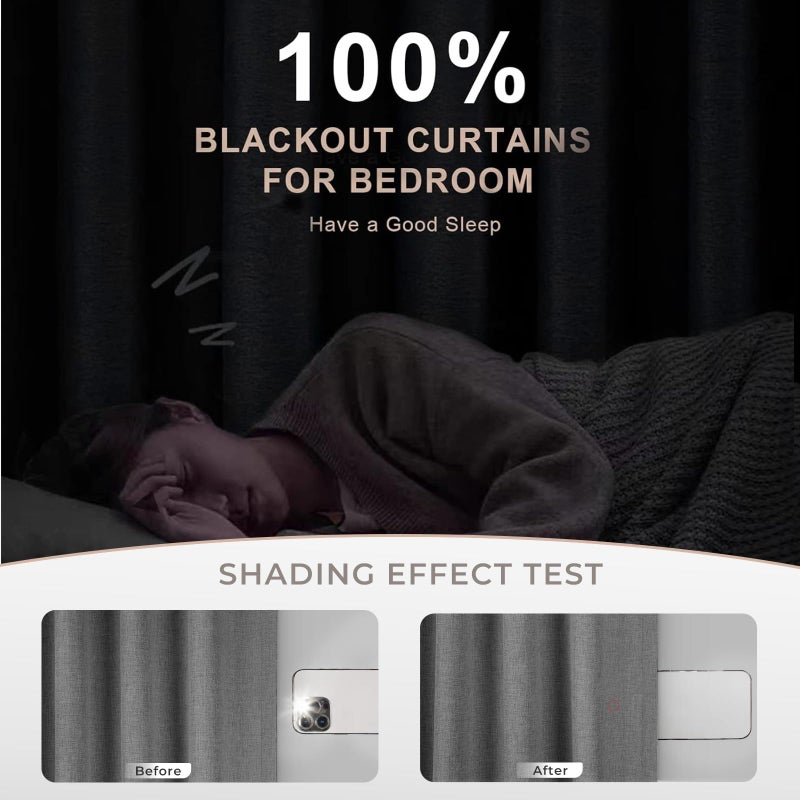 INOVADAY 100% Blackout Curtains for Bedroom  Thermal Insulated Linen Blackout Curtains 90 Inch Length 2 Panels Set  Back Tab/Rod Pocket Room Darkening Curtains for Nursery - Dark Grey  W50 X L90 - Image 3
