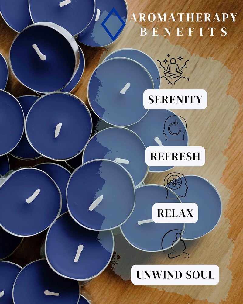 ThinkArtDecor شموع من نوع Tealight عطرية، برائحة فاخرة عضوية تدوم حتى 4 ساعات، مصنوعة من شمع الصويا غير دخاني وخالية من التسرب (عبوة تحتوي على 96 شمعة، برائحة نسيم الأطلسي) - Image 4