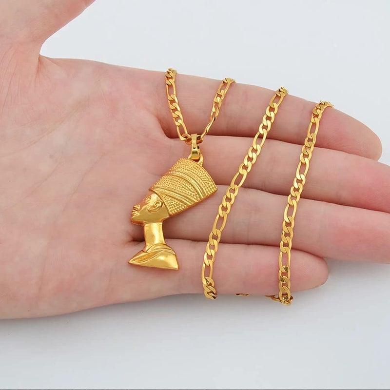 kelistom Egyptian Queen Nefertiti Pendant Necklace for Women 18K Gold Silver Tone Stainless Steel Pendant Necklace 3mm Figaro Chain Necklace (Gold-Length:22") - Image 5