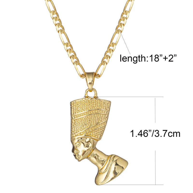 kelistom Egyptian Queen Nefertiti Pendant Necklace for Women 18K Gold Silver Tone Stainless Steel Pendant Necklace 3mm Figaro Chain Necklace (Gold-Length:22") - Image 2