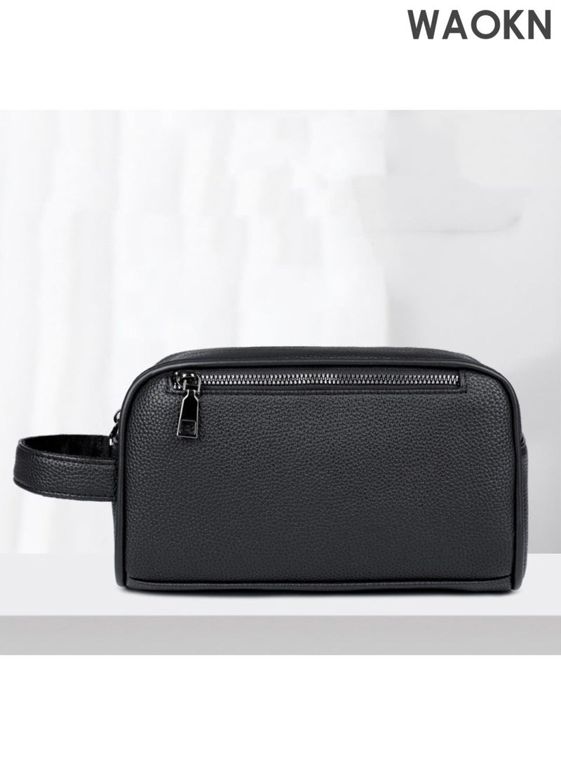 WAOKN Men's Clutch Simple Casual Bag Made of Soft Premium Leather for Business Retro Trend Handbag Upgraded Version Large Capacity Mobile Phone Bag with Multiple Card Slots ,Anti theft handbag,Leather material handbag,Black,unisex. - Image 1