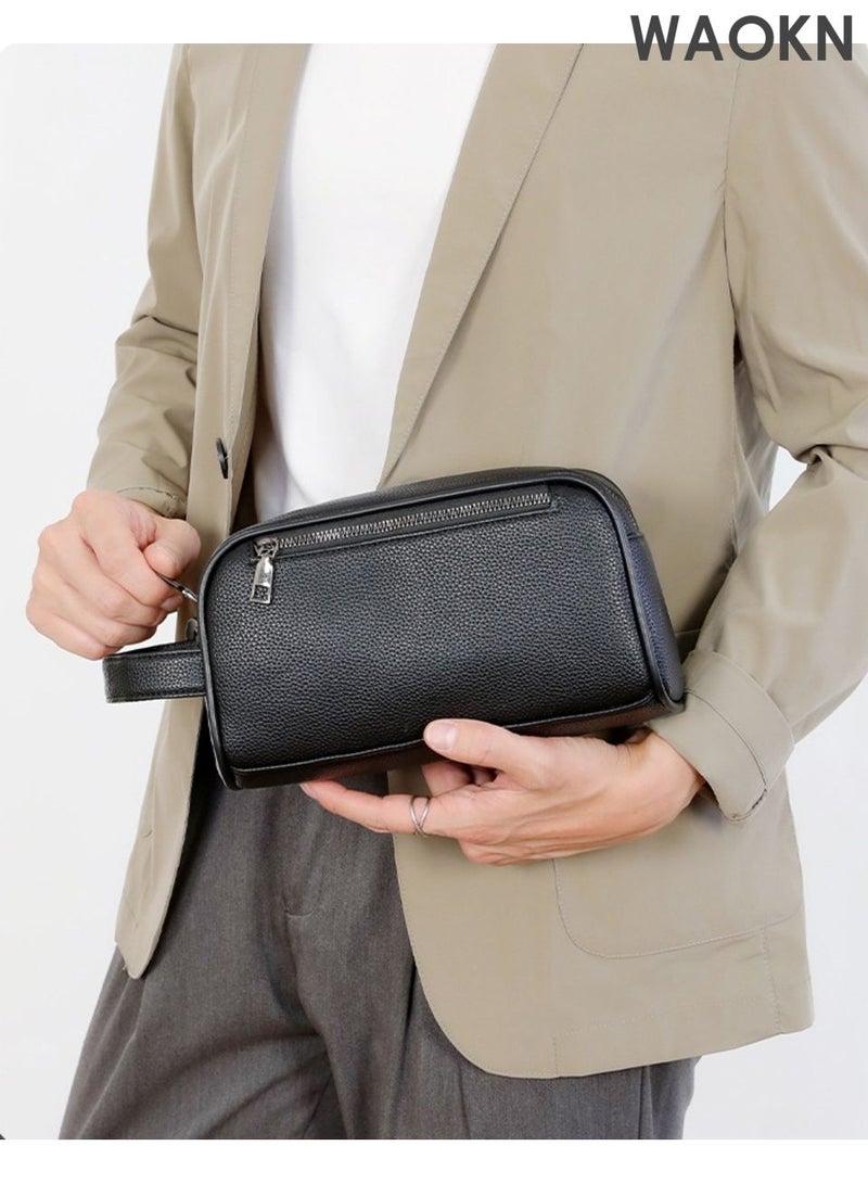 WAOKN Men's Clutch Simple Casual Bag Made of Soft Premium Leather for Business Retro Trend Handbag Upgraded Version Large Capacity Mobile Phone Bag with Multiple Card Slots ,Anti theft handbag,Leather material handbag,Black,unisex. - Image 4