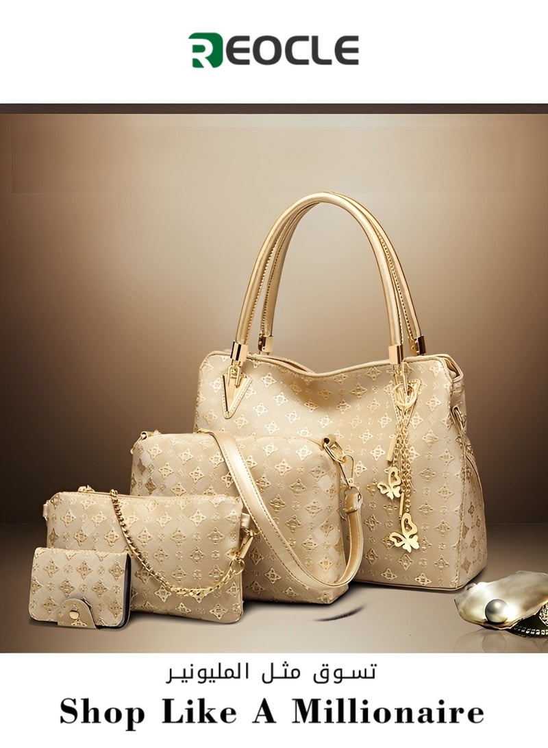 REOCLE Women's 4 Pcs Handbags Tote Bags Shoulder Bag Set PU Leather Top-Handle Bag Large Shoulder Bag Crossbody Clutch Purse - Image 1