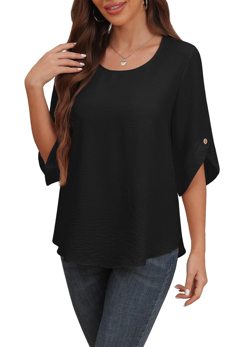 Askyes Womens Chiffon Blouses Summer Spring Casual Crew Neck Cute Tunic Tops for Leggings Chiffon Blouses for Women,Black,L - Image 1
