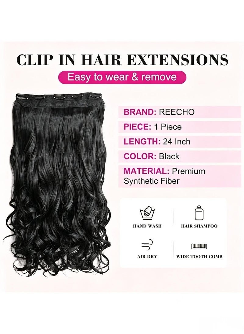 YOUGE Clip in Black Hair Extensions for Women, Thick Double Weft Wavy Soft Hair & Blends Well Long Hairpieces(24inch, Natural Black) Hair Extensions Wigs - Image 2