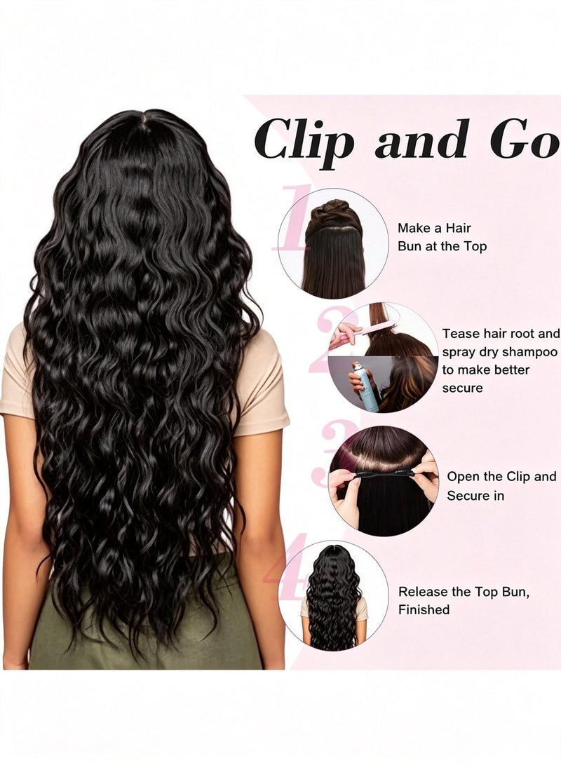 YOUGE Clip in Black Hair Extensions for Women, Thick Double Weft Wavy Soft Hair & Blends Well Long Hairpieces(24inch, Natural Black) Hair Extensions Wigs - Image 5