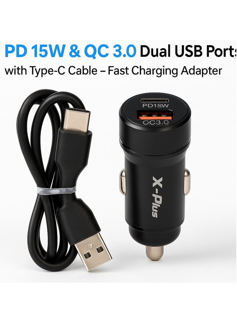 اكس - بلس شاحن سيارة سريع  XP-97 بمنفذين تايب سى و USB-A  مع وصلة  كابل تايب سى PD 15W و QC 3.0 – شاحن سيارة  مزدوج سريع للهواتف الذكية