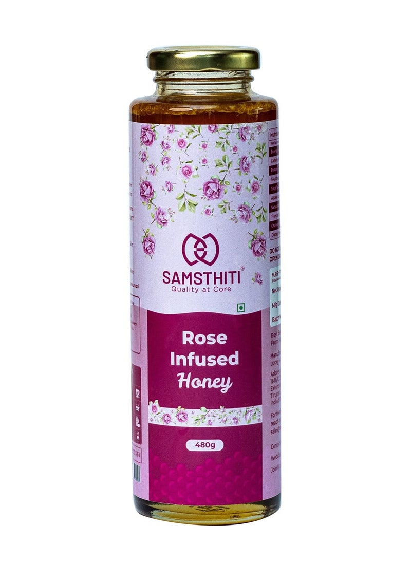 Samsthiti Rose Infused Honey, 100% Pure Organic Raw Honey with Natural Rose Extract, No Sugar or Preservatives, Herbal Honey for Skin Glow, Weight Support, Mood Balance & Hormonal Wellness – 480g  - Image 1