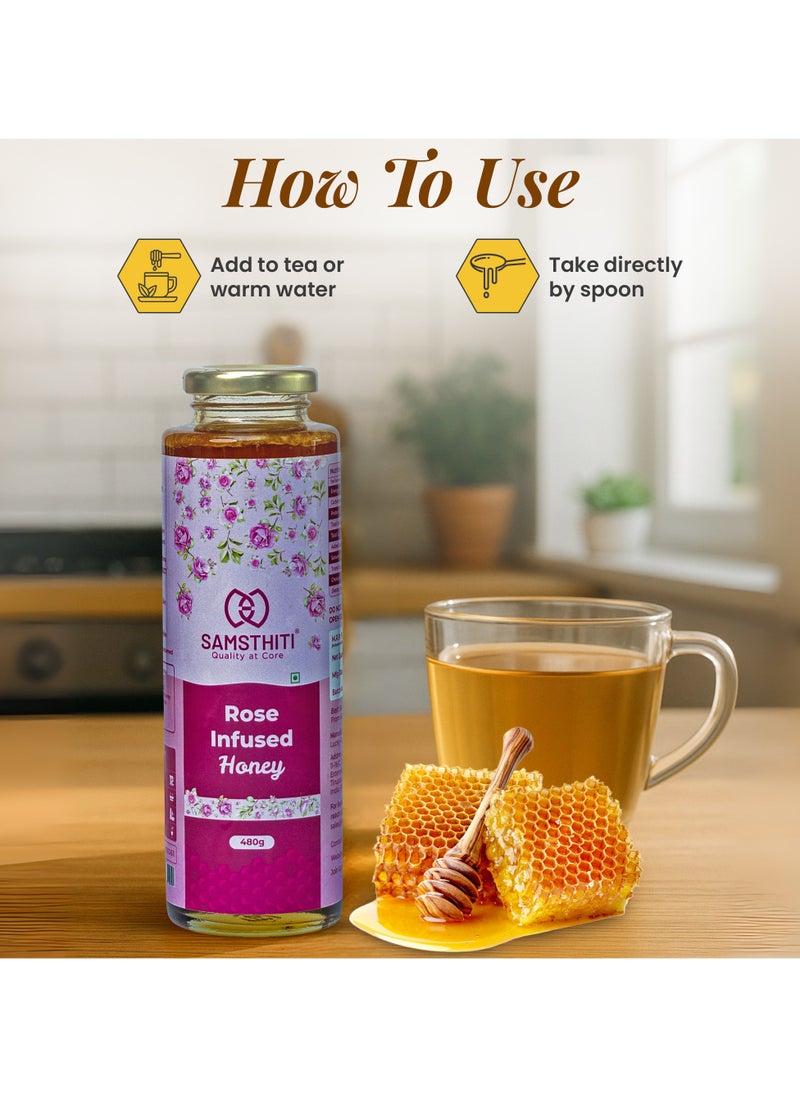 Samsthiti Rose Infused Honey, 100% Pure Organic Raw Honey with Natural Rose Extract, No Sugar or Preservatives, Herbal Honey for Skin Glow, Weight Support, Mood Balance & Hormonal Wellness – 480g  - Image 3