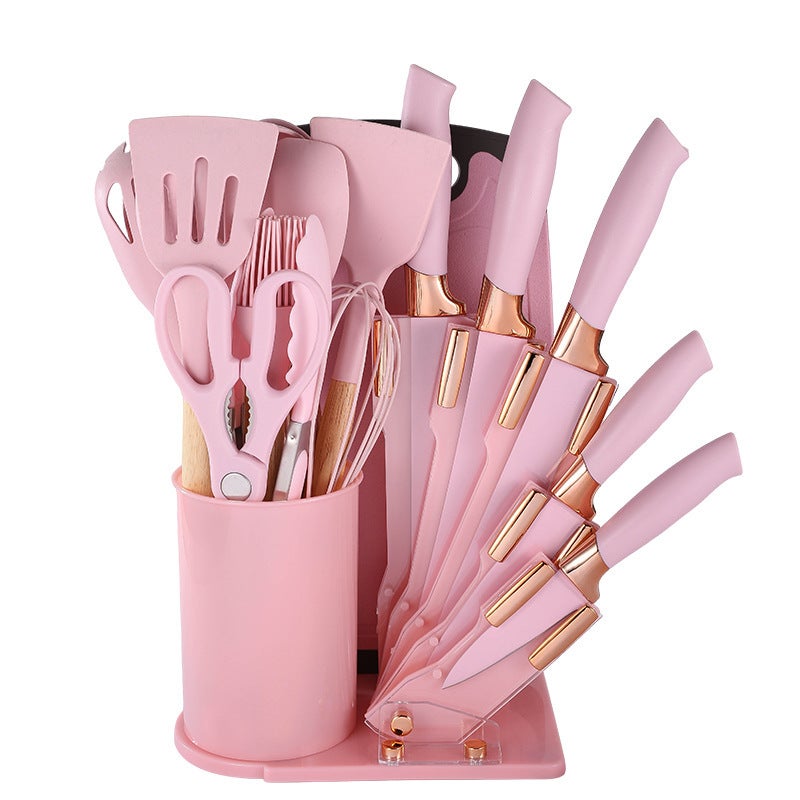 19-Piece Silicone Cookware Set with Wooden Handles - Non-Stick Cooking Tools with Storage Bucket