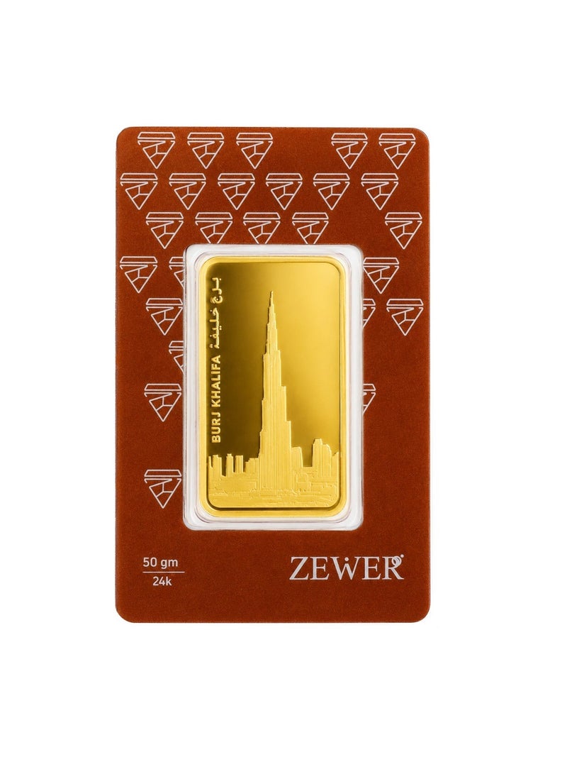 Zewer 50g 24 Karat 999.9 Fine Gold Bar - Burj Khalifa Design - Image 2