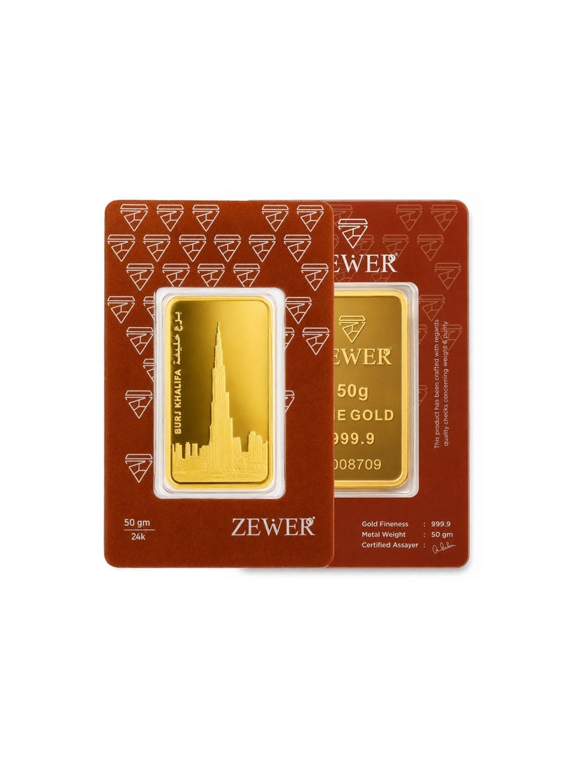 Zewer 50g 24 Karat 999.9 Fine Gold Bar - Burj Khalifa Design - Image 3