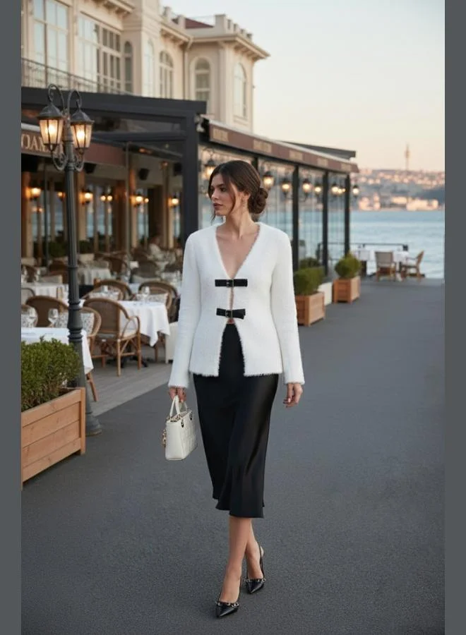 Lela Lela Premium Regular Fit V-Neck Double Belted Plush Cardigan Women's CARDIGAN 680HI00112