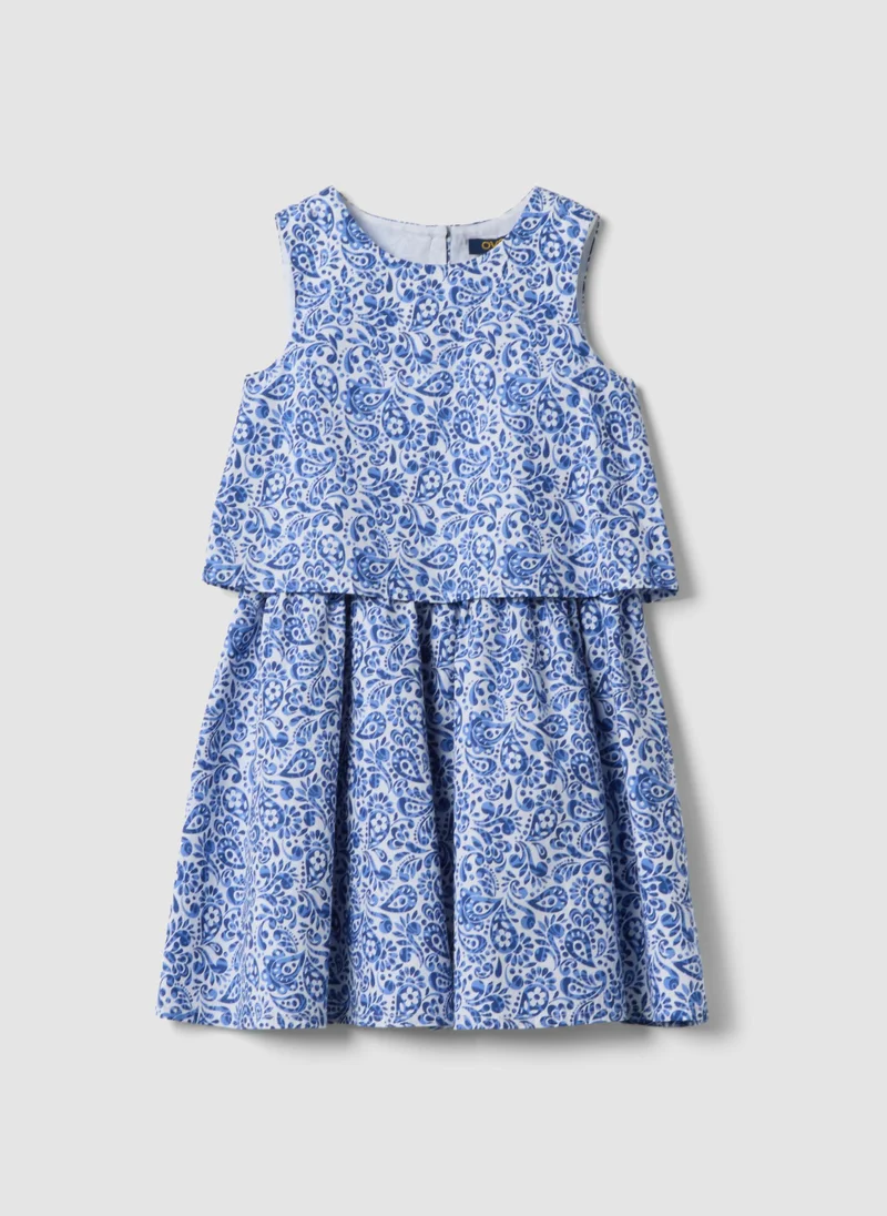 او في اس OVS Blue Pure Cotton Mini Dress With Floral Print