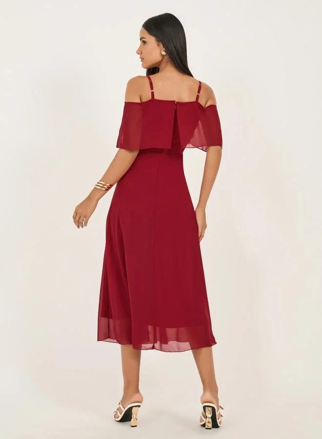 Styli Solid Cold Shoulder Sleeve A-Line Maxi Dress