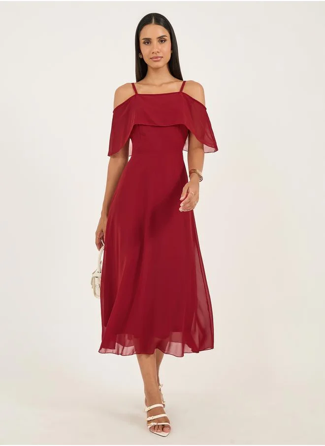 Styli Solid Cold Shoulder Sleeve A-Line Maxi Dress