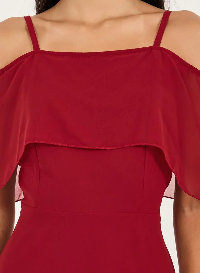 Styli Solid Cold Shoulder Sleeve A-Line Maxi Dress