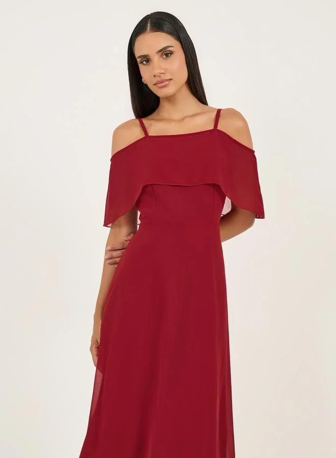 Styli Solid Cold Shoulder Sleeve A-Line Maxi Dress