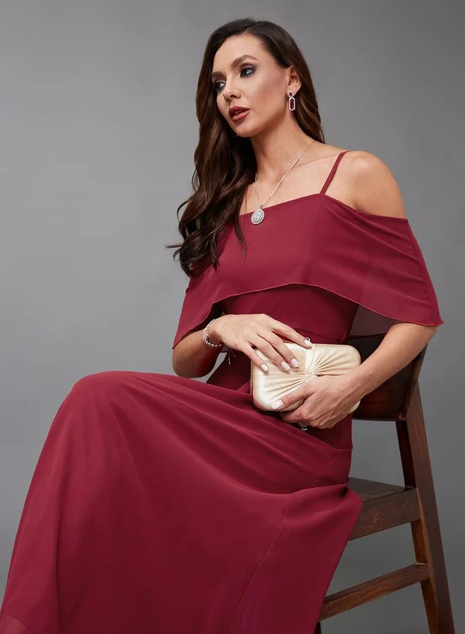 Styli Solid Cold Shoulder Sleeve A-Line Maxi Dress