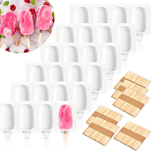 6 Set Silicone Popsicle Molds Ice Cream Mould 4 Cavity Ice Lolly Mold White Oval Cake Pop Mould with 300 Pieces Wooden Sticks for DIY Cream Popsicle Cake White