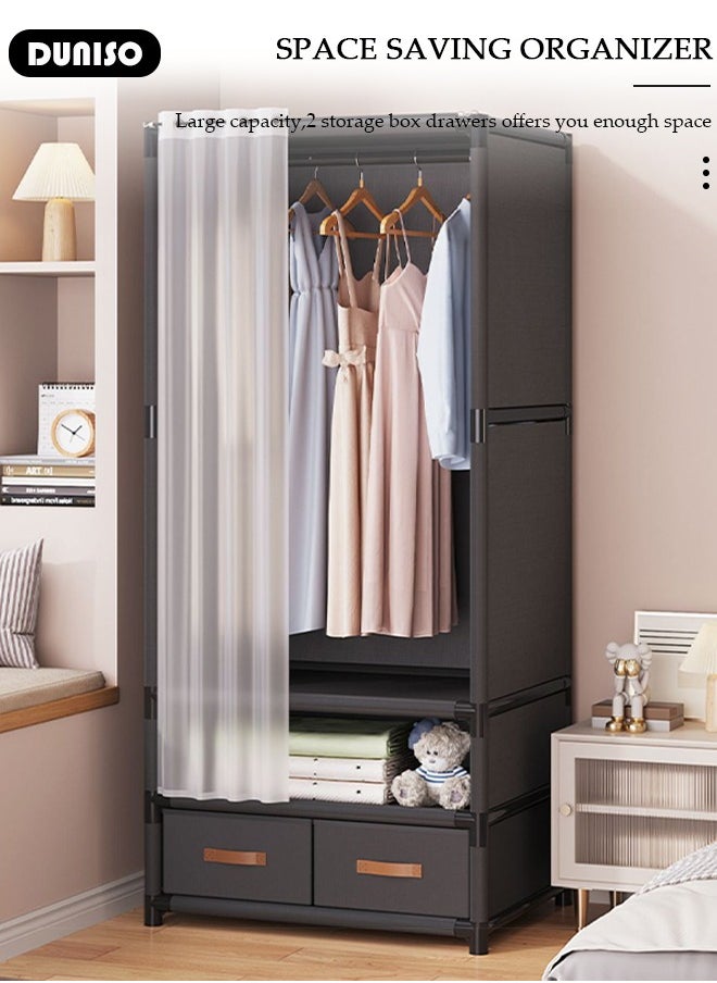 DUNISO Portable Fabric Wardrobe, Closets for Hanging Clothes with Hanging Rods, Large Capacity Clothes Storage Cabinet with Curtain, Storage Organizer with 2 Drawer Boxes for Bedroom Living Room  - Image 2