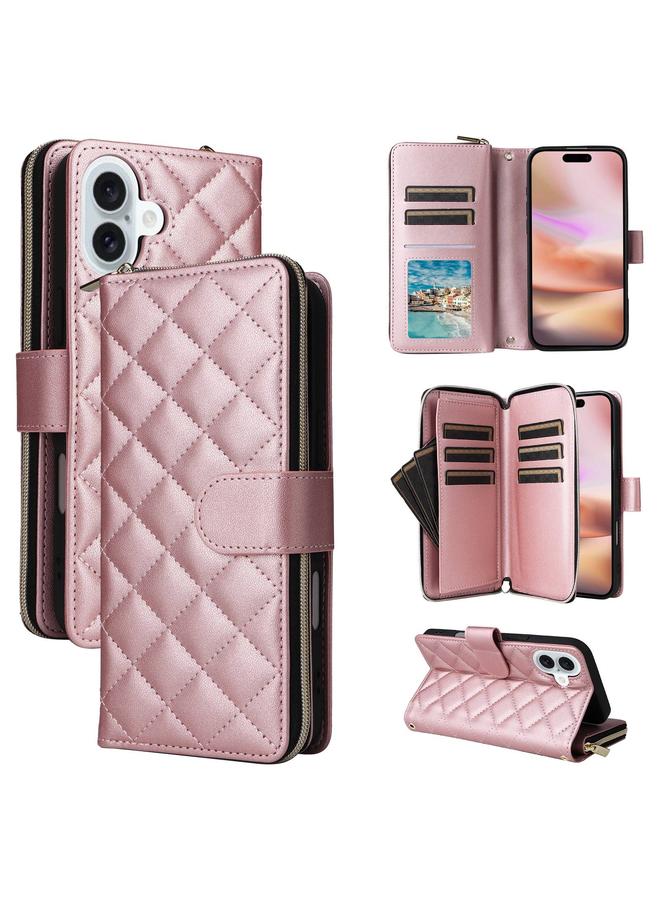 S-TOP Case For iPhone 16 Plus Crossbody Rhombic Zipper Tower Buckle Leather Phone Case with Lanyard - Image 1