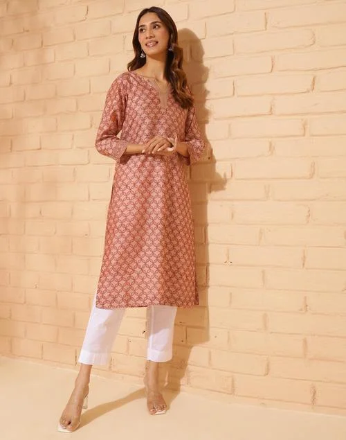 Fabindia Orange Cotton Silk Hand Block Printed Long Kurta