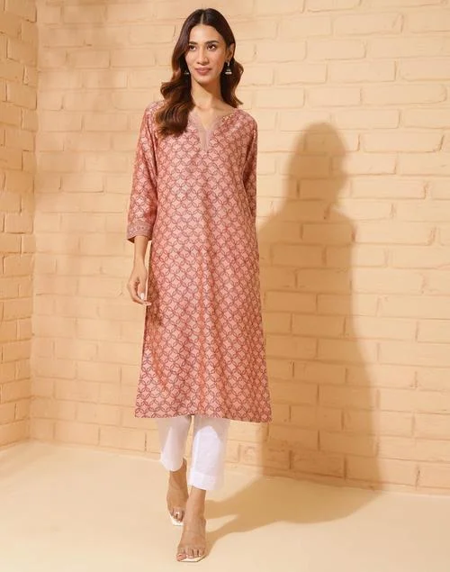 Fabindia Orange Cotton Silk Hand Block Printed Long Kurta